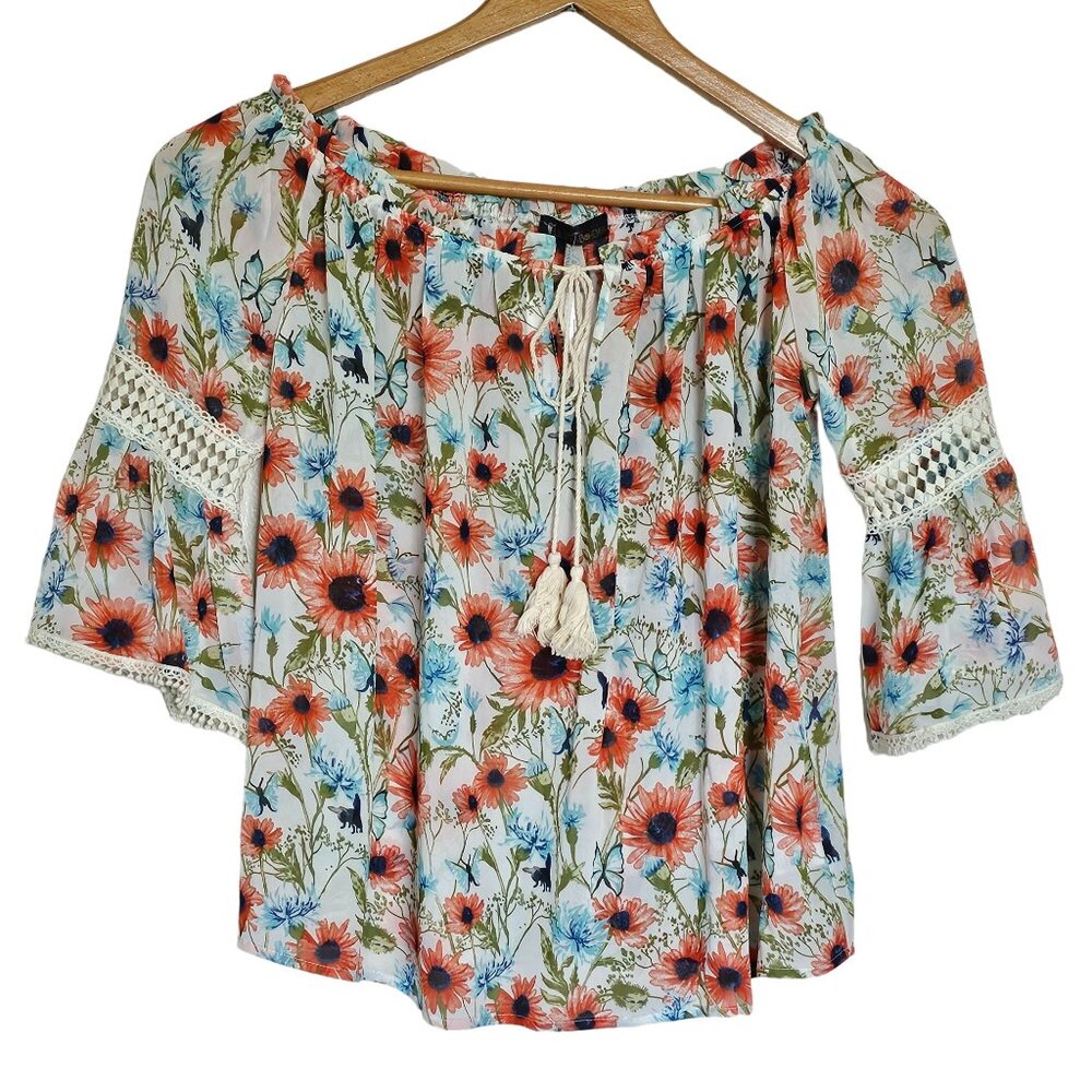 NWT Lil Bees Bohemian Daisy Print Off the Shoulder Bell Sleeve Peasant Top - S